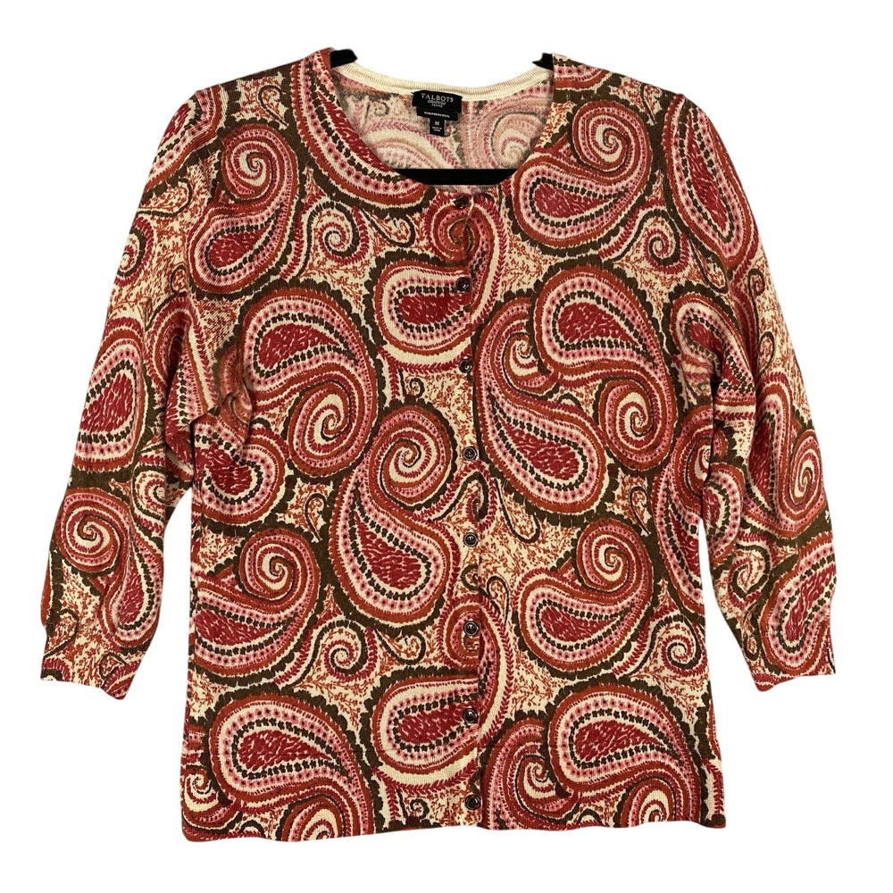 Talbots Paisley Pure Merino Wool Button Front Cardigan Womens MP Petite Fall